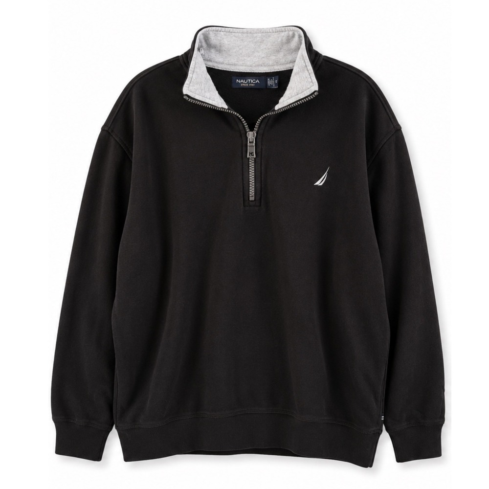 Nautica Mens XXL Pullover Black Quarter Zip Sail Logo Coastal Grandfather Sweat